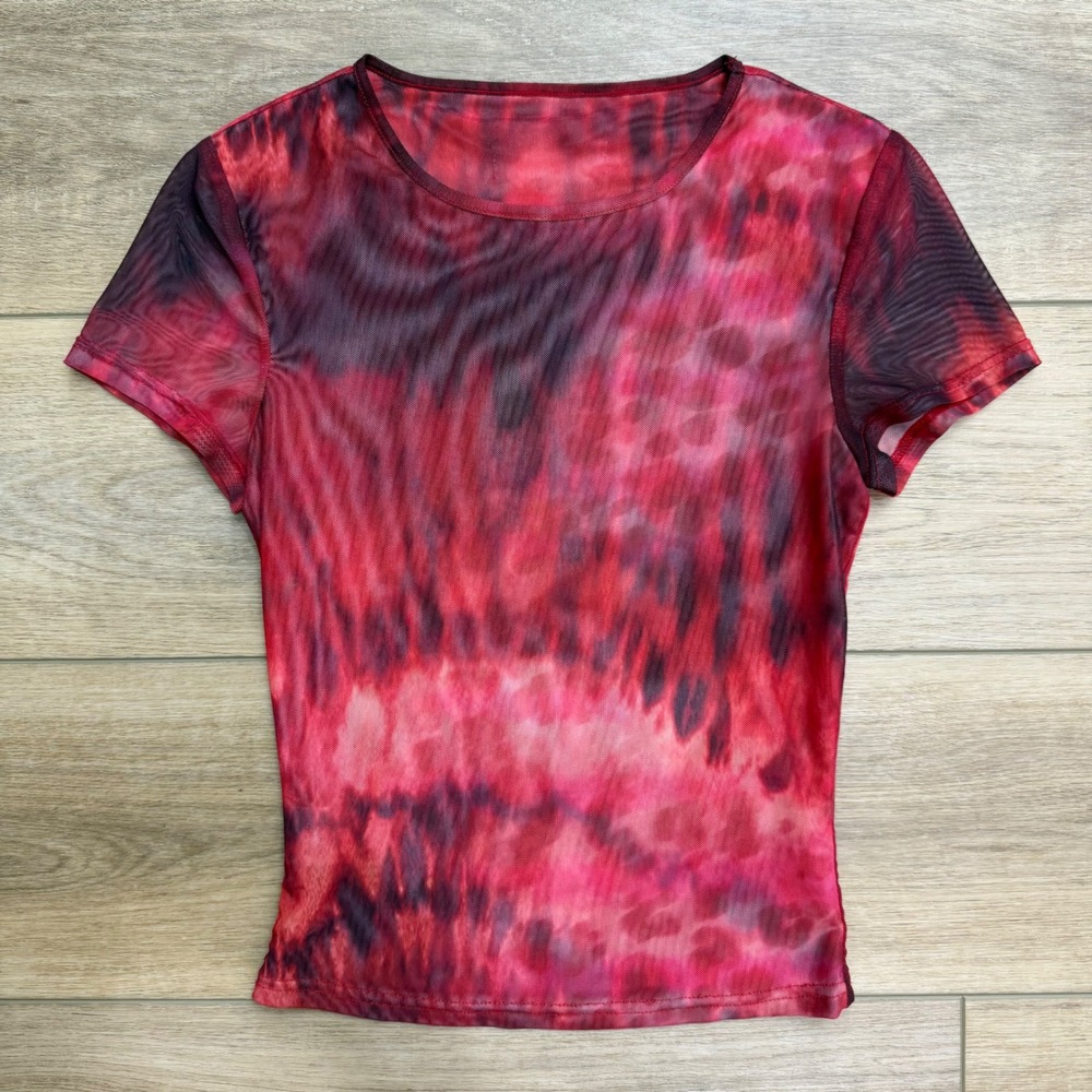 I Am Gia Ari Red Tie Dye Mesh Top Short Sleeve Sheer Tee Womens Small READ